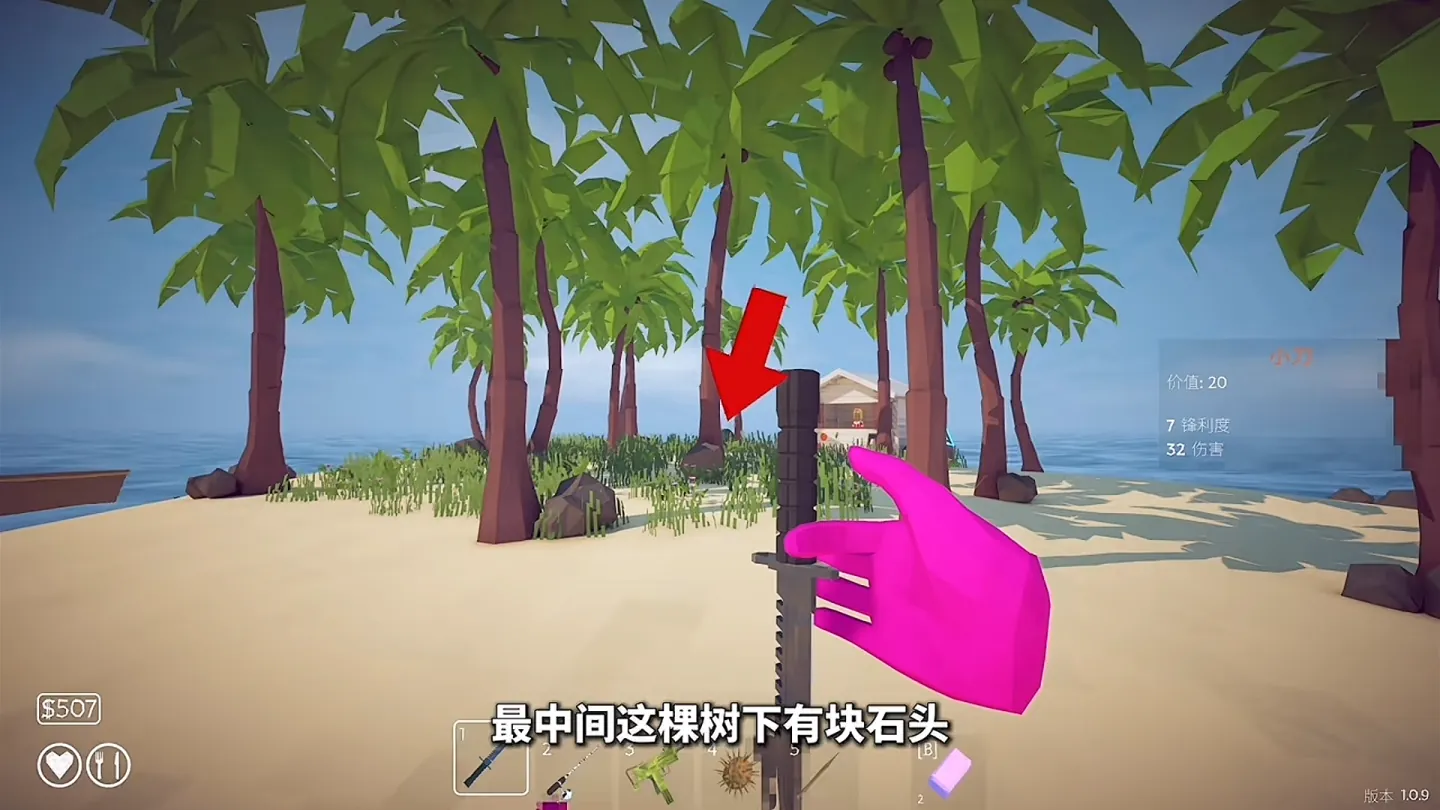 Red arrow marking the Coconut palm and rock on Desert Island