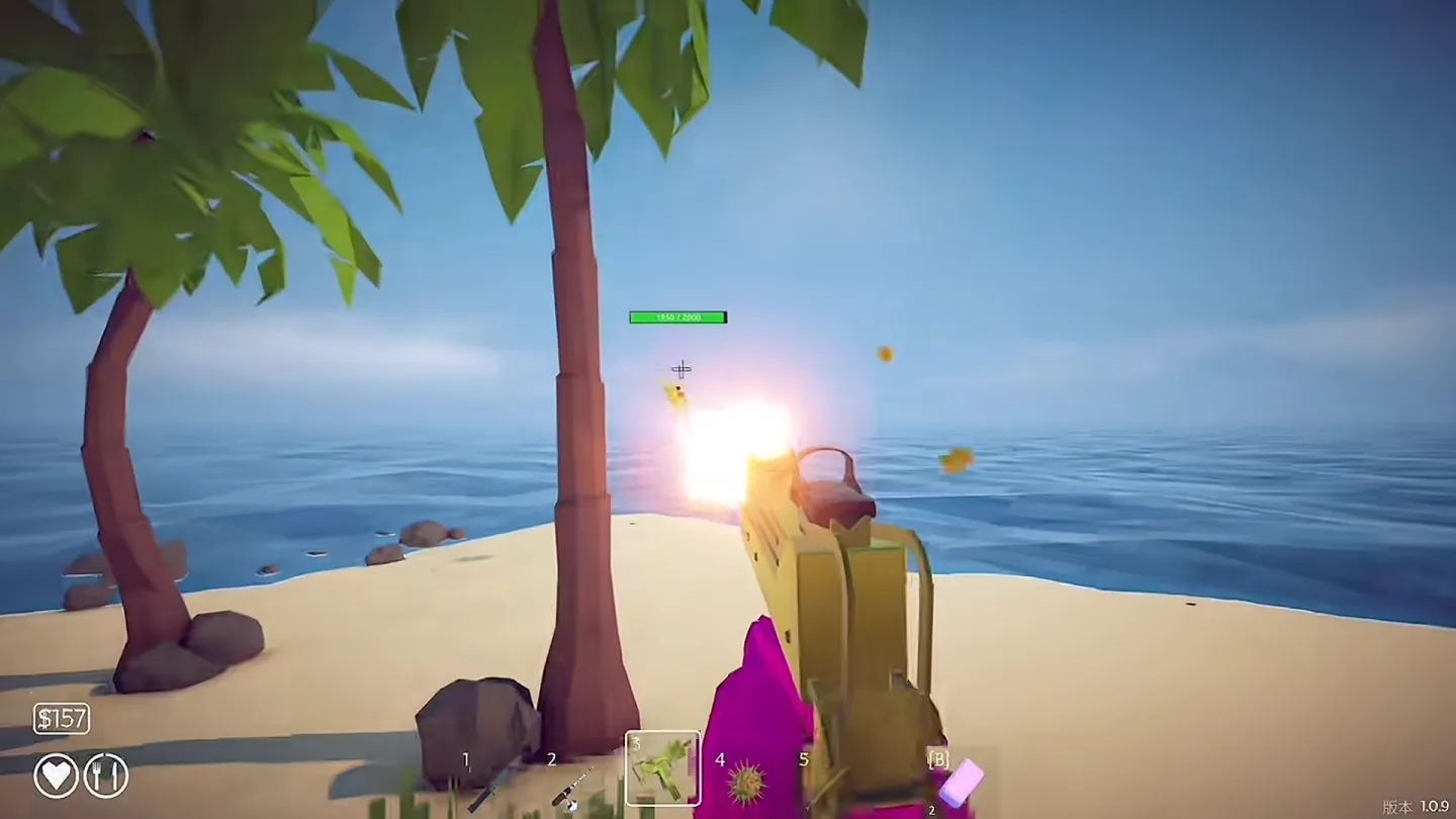 Player shooting Bing Bong with an SMG near palm trees