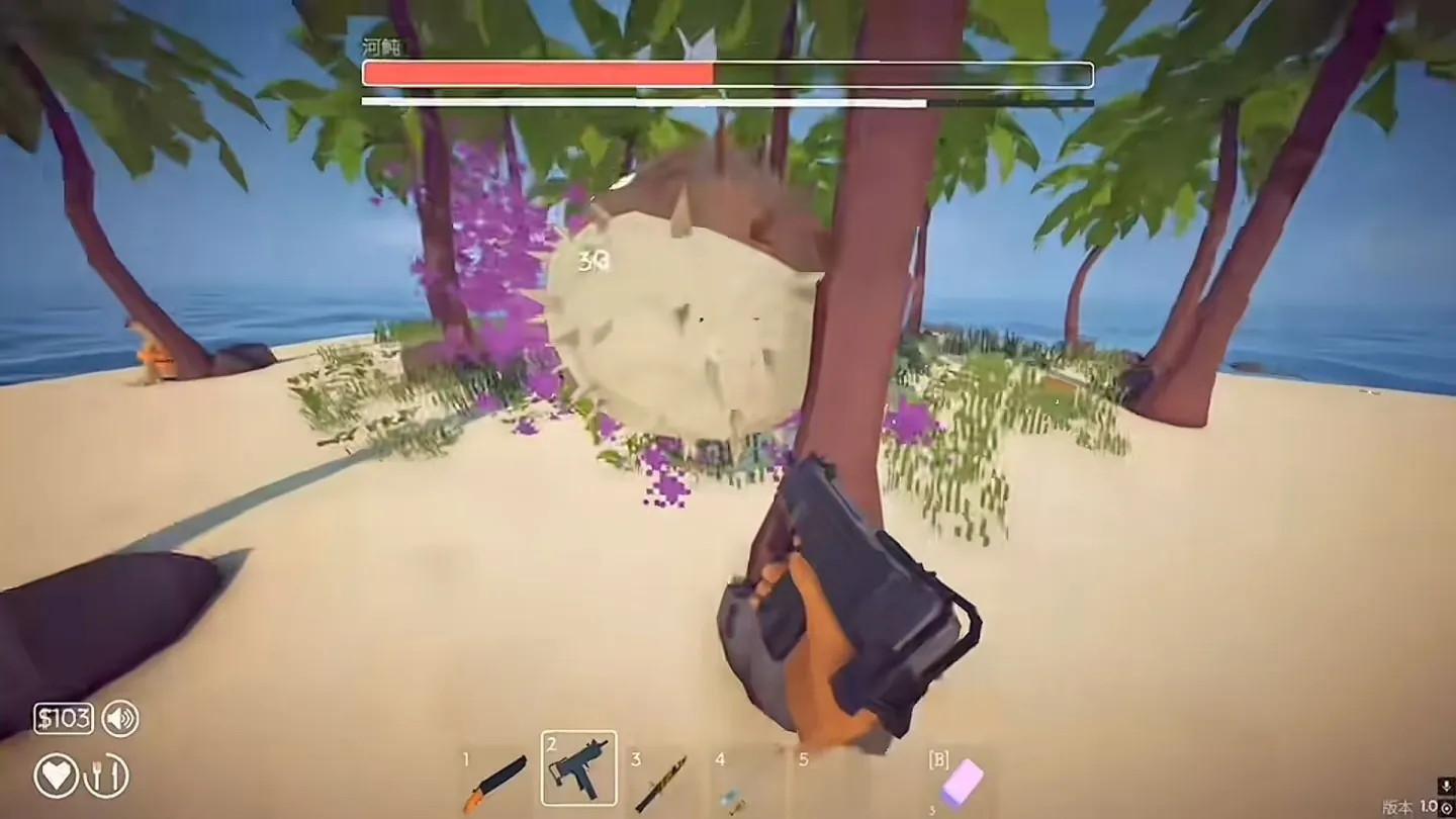 Pufferfish boss rolling through purple poison between trees